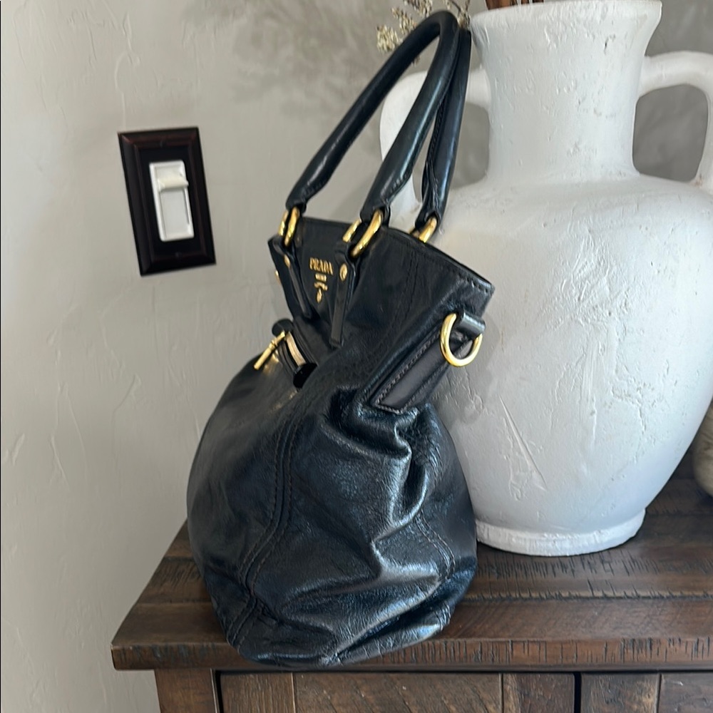 Prada Black Leather Tote with Gold Hardware Accents - Picture 7 of 17